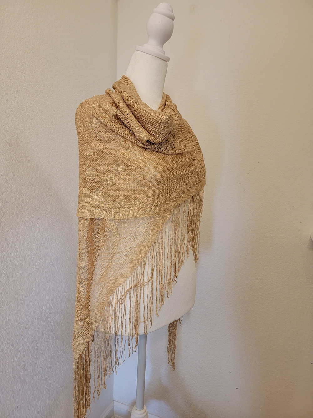 Metalic Golden Fringe Knit Shawl Wrap - Women's Accessory - Made In Japan